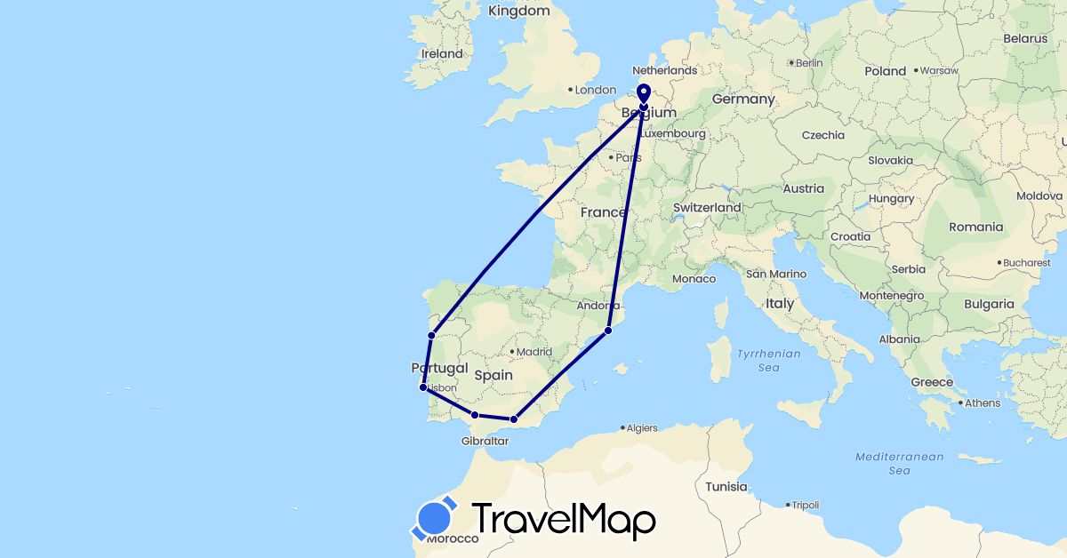 TravelMap itinerary: driving in Belgium, Spain, Portugal (Europe)